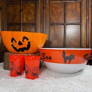 Set of 4 Halloween Large Boo + 6.9 qt Scalloped Jack-O-Lantern Bowls + 2 Cups